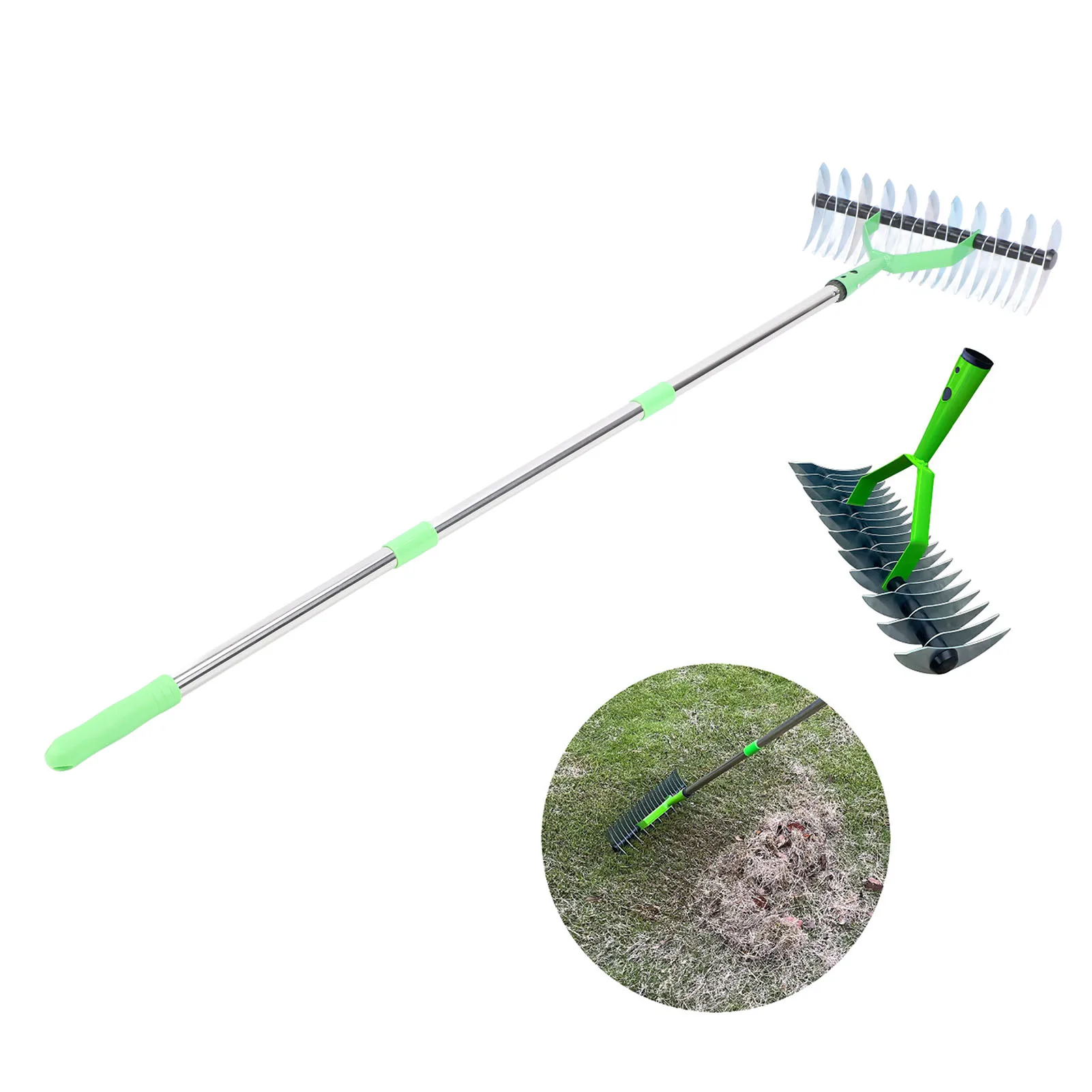 Thatch Rake 3 Sections Stainless Steel Garden Dethatcher Lawn Rake for Clearing Dead Grass 4