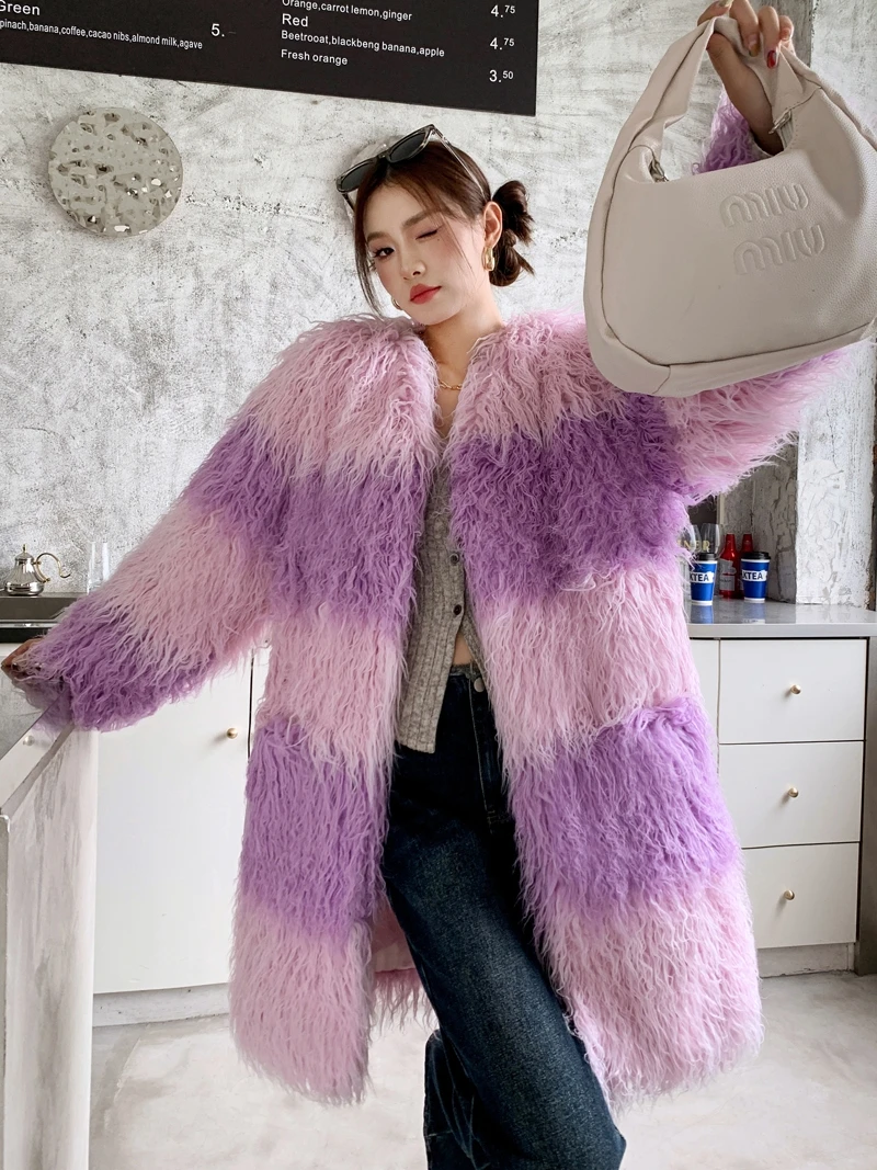 Pink Purple Faux Fur Coat 2023 Winter High-End V-neck Stitching Contrast Color Mongolia Sheep Fur Jacket Mid-Length Warm Clothes