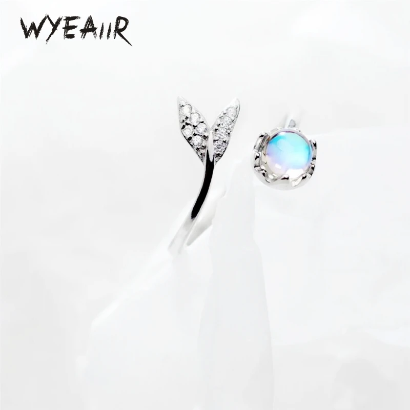 

WYEAIIR 925 Sterling Silver Blue Crystal Mermaid Fishtail Resizable Opening Ring For Women Luxury Jewelry