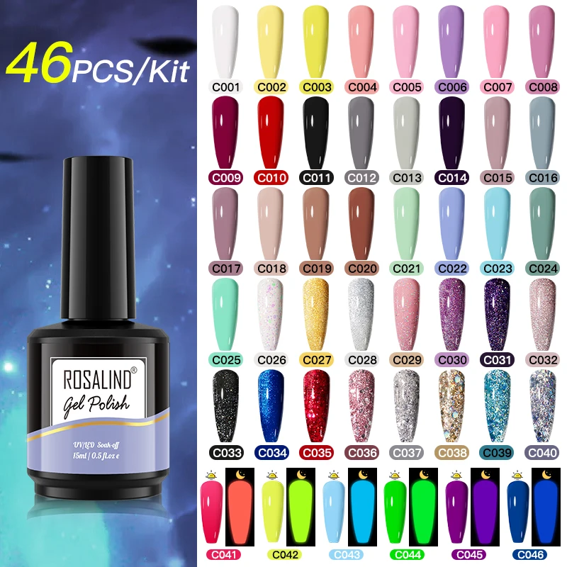 

ROSALIND 24PCS Gel Nail Polish Set Proffesion Vernis Semi Permanent Hybrid Nail Art Base Top Coat UV Nail Glitter Gel Polish Set