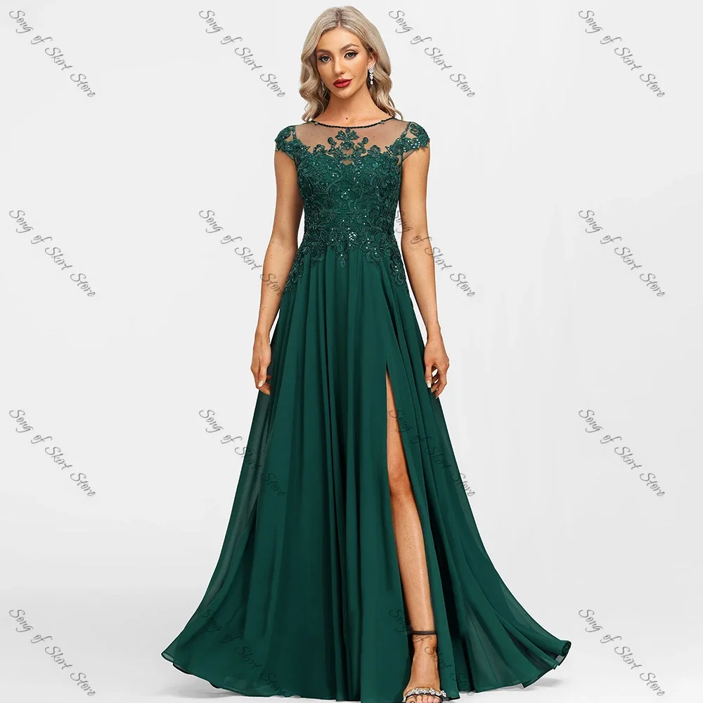 O-Neck A-Line Emerald Mother of the Bride Dresses Side Slit Lace Appliques Sequined Chiffon for Wedding Guest Prom Gowns Mom mother bride dresses