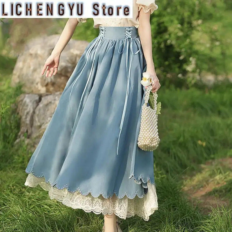 Lolita Style Long Pleated Skirt Women Summer Vintage High Waist Lace Up Skirts Lace Patchwork Maxi Skirt Jupe Femme