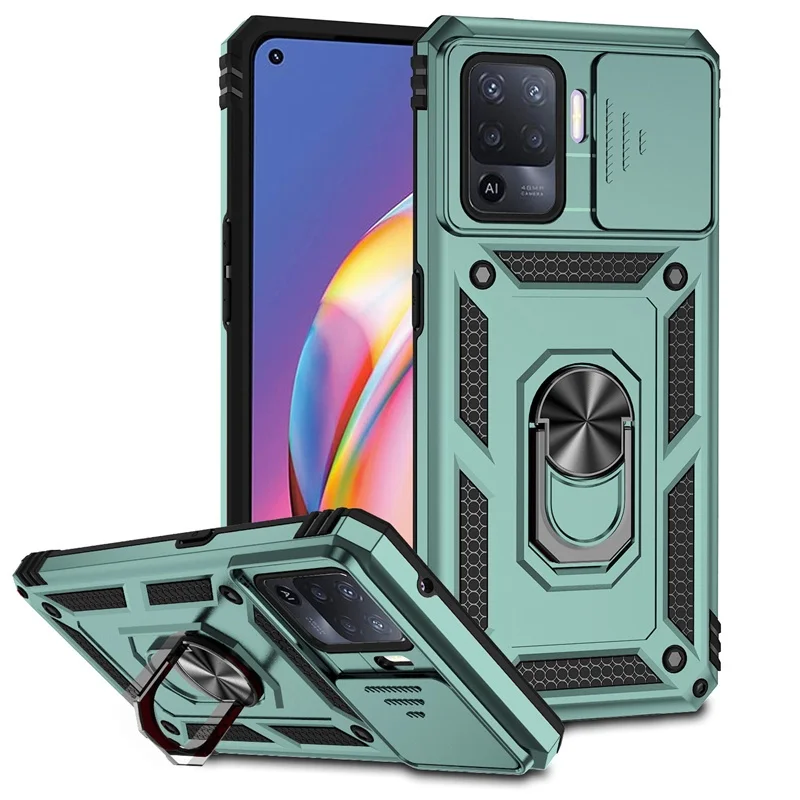 Shockproof Armor Case with Metal Ring Holder and Slide Lens Protector Cover