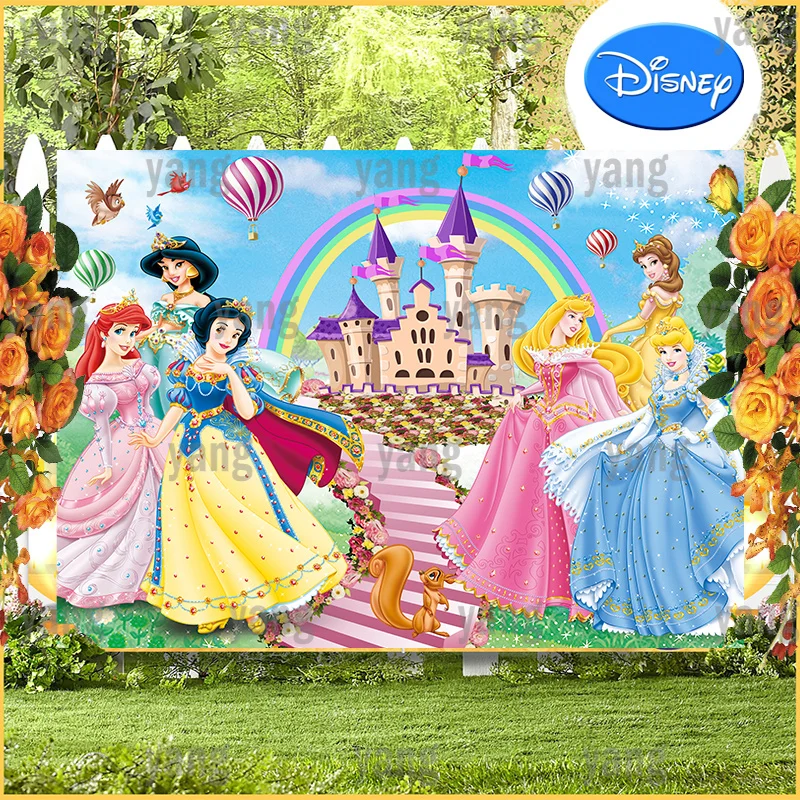 Personalizzato Romantico Disney Princess Cenerentola Tiana Aurora Cartoon Birthday Party Outdoor Rainbow Sfondo Fotografia Sfondo