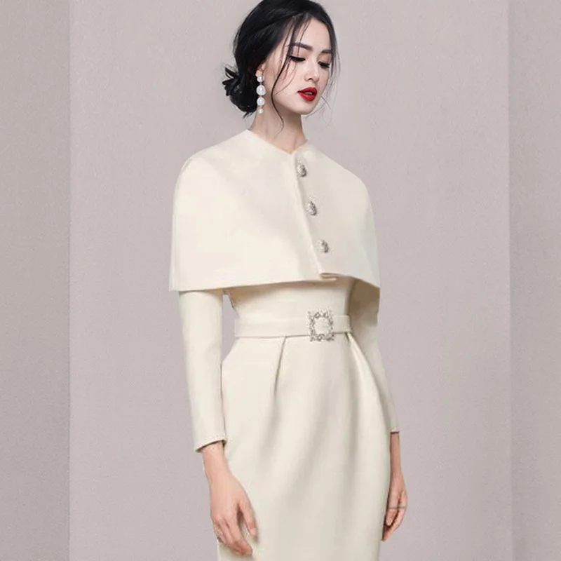

Woolen OL Commuter Shawl Small Cloak High Waist Slim Elegant White Temperament Two Piece Autumn/Winter Dress