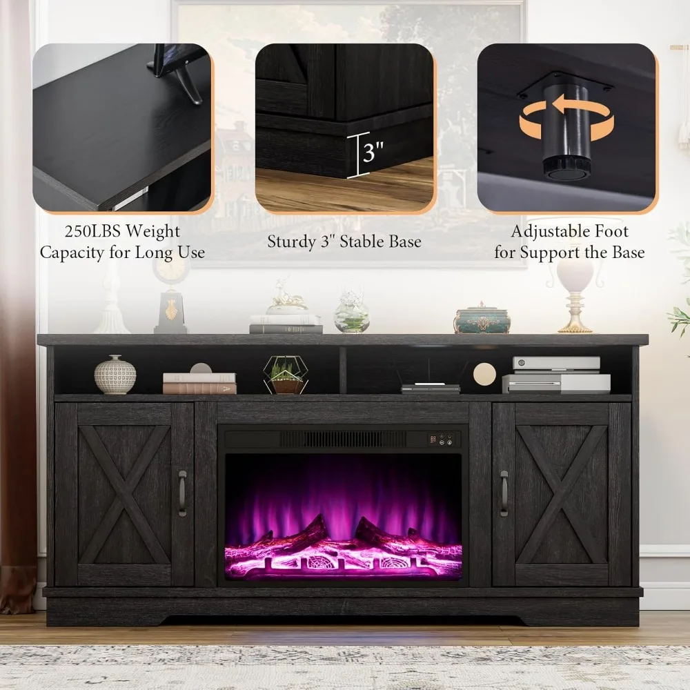 63" Farmhouse TV Stand with 26" Fireplace, for TVs up to 73", Entertainment Center with Adjustable Shelf & Barn Doors, TV Conso