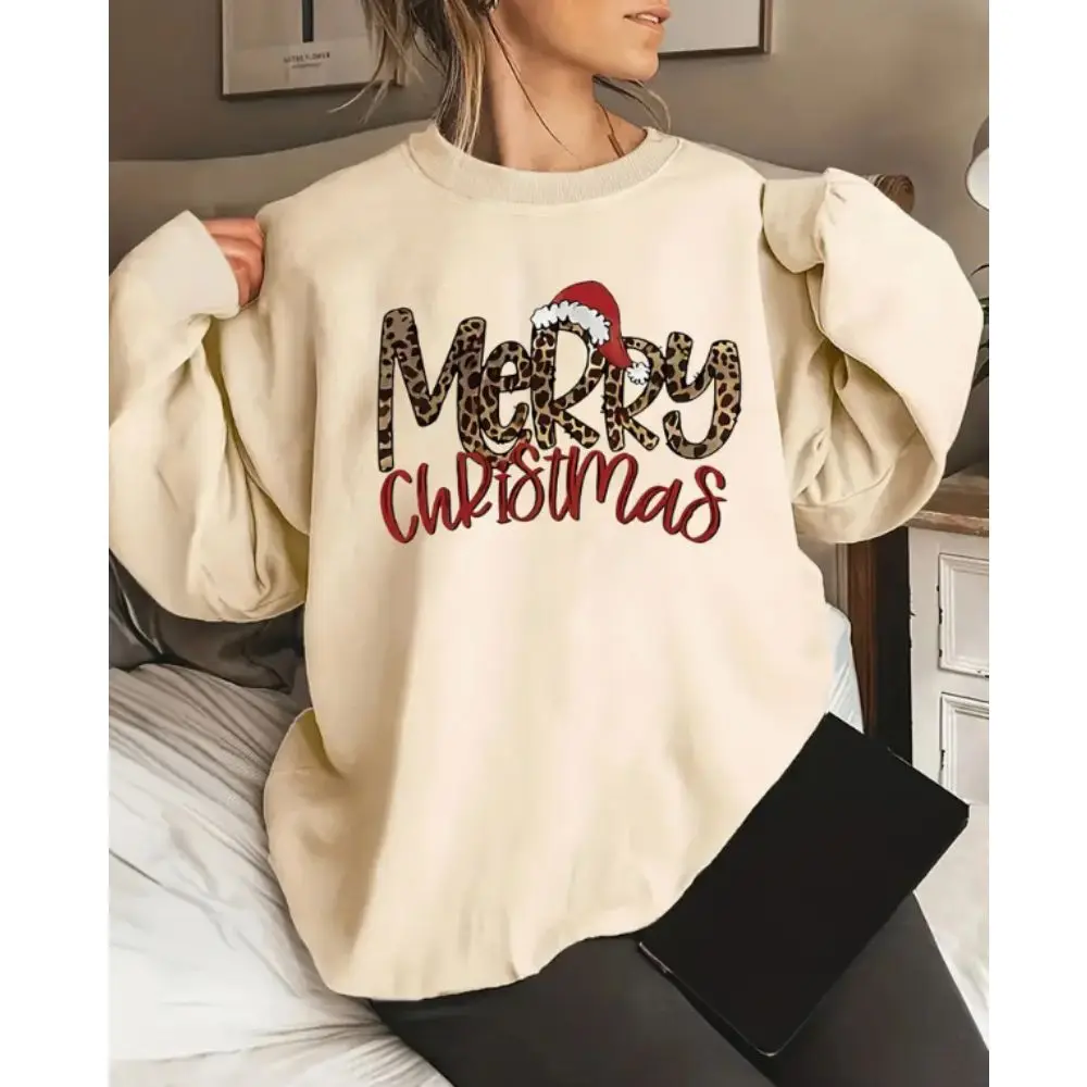 Plus Size Christmas Sweatshirt Women's Plus Pullover Christmas Slogan Leopard Print Blouse Long Sleeve Round Neck Sweatshirts