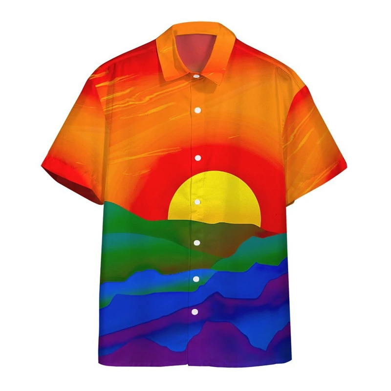 thumbnail image 1 of Camisa sencilla para hombre con estampado 3D de estilo Harajuku, camisetas holgadas de gran tamaño para uso diario, camisas casuales de manga corta, camisas con gráficos de atardecer y solapa, 1 of 4