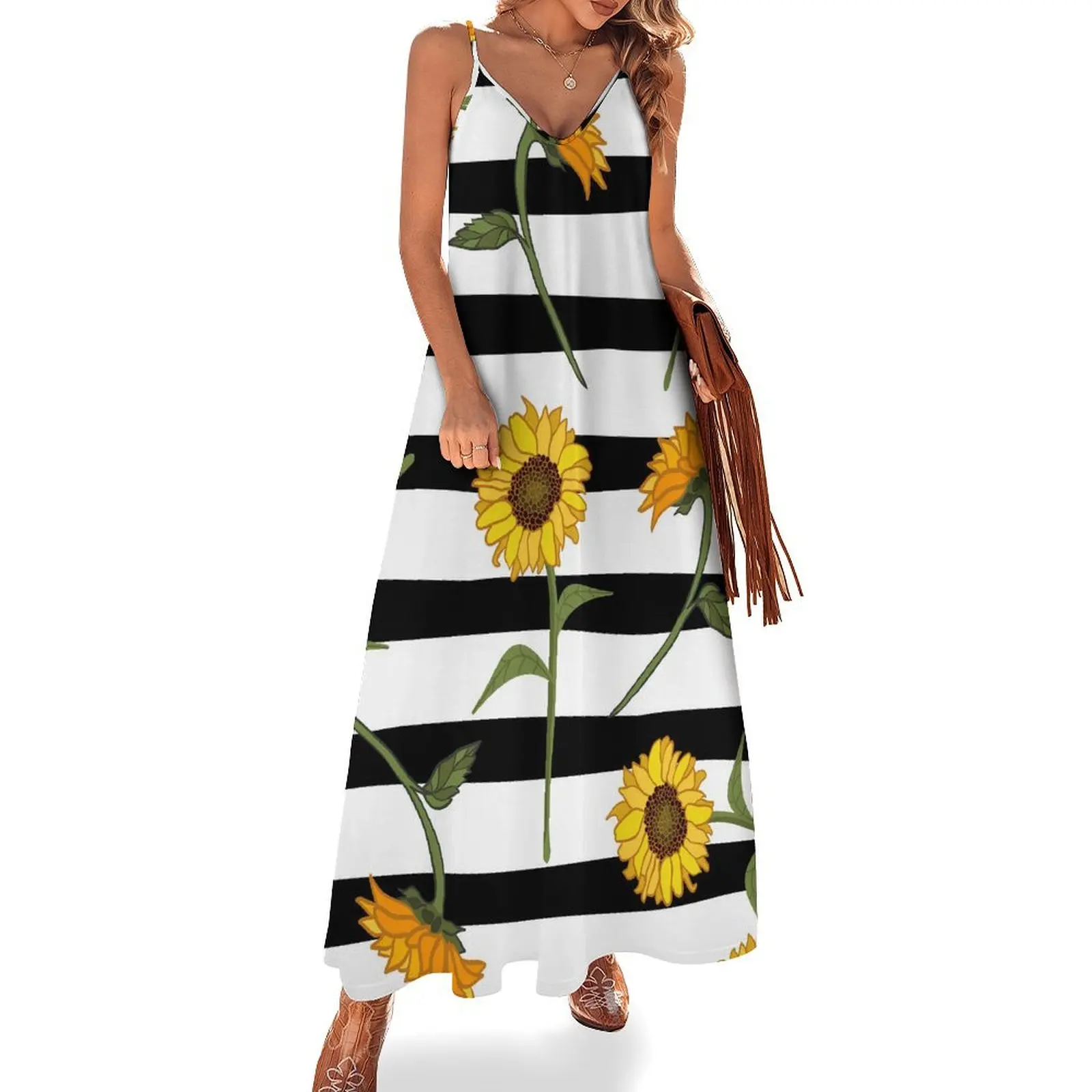 

Abstract Sunflower Dress Striped Print Sexy Maxi Dress Strap Streetwear Bohemia Long Dresses Holiday V Neck Oversized Vestido