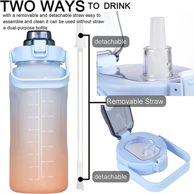 3PCS Sports Water Bottle for Running Drinking Bottle 2L Motivational with Time Marker Stickers Portable Reusable Plastic Cups 5