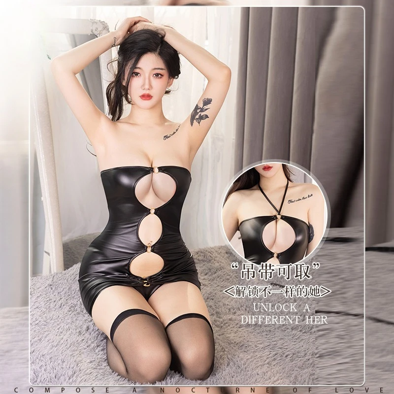 Sexy Lingerie Women PU Leather Mini Dress Buckle Bodycon Porno Black Erotic Babydolls Night Club Pole Dance Roleplay Nightgown