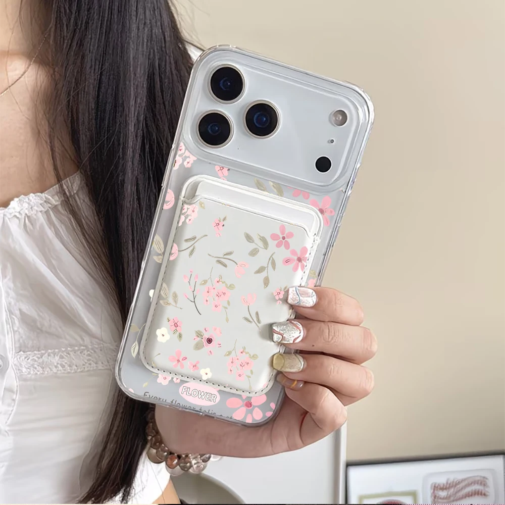 Pink Floral Magnetic Card Holder Phone Case with MagSafe Wallet