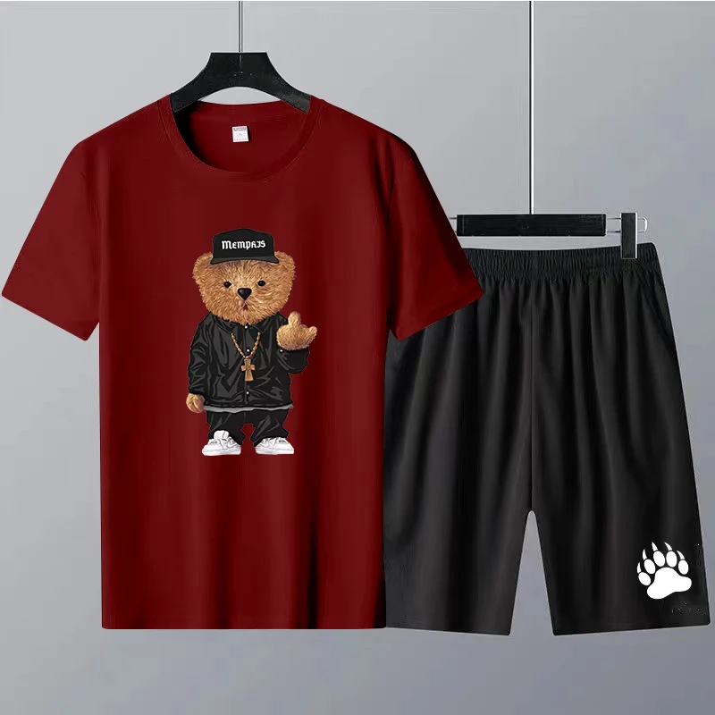 

Korean Bear T Shirts Sets Man Cotton Sportswears Fashion Shorts Suits Summer Tracksuits Casual Anime Tees Plus Size Streetwears