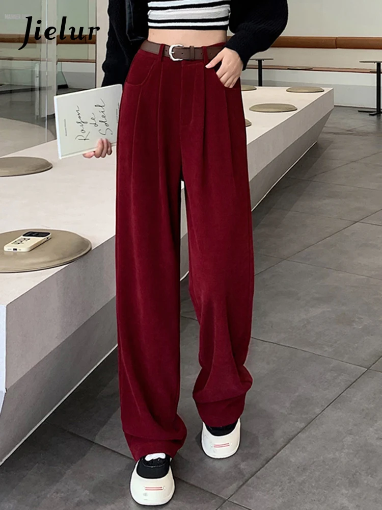 Jielur Wine Red Belt Loose Slim Straight Women's Pants Casual Full Length Pure Color Simple Office Ladies Chic Wide Leg Pants