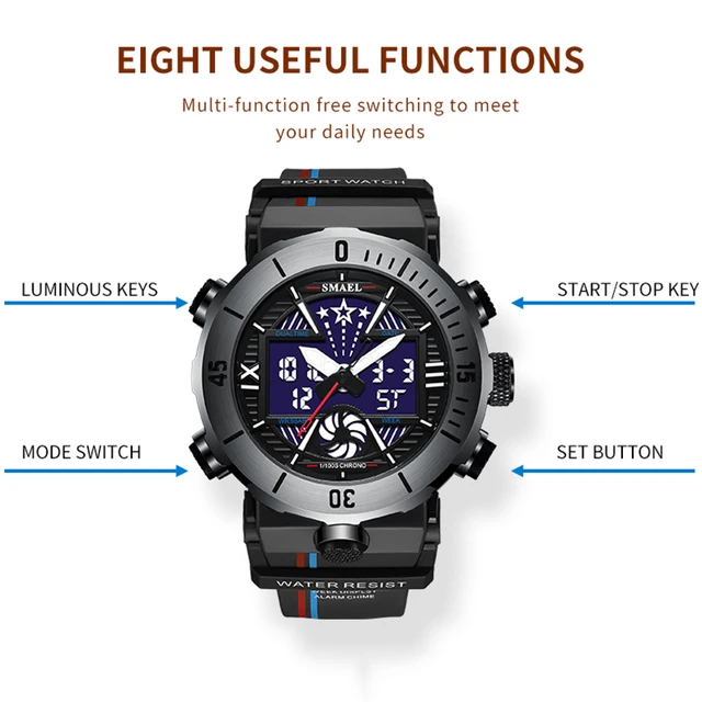 Nowy zegarek SMAEL z podwójnym wyświetlaczem wojskowa jakość męskie zegarki sportowe cyfrowy alarm 8051 wojskowy zegar Shock Led zegarek wodoodporny 5
