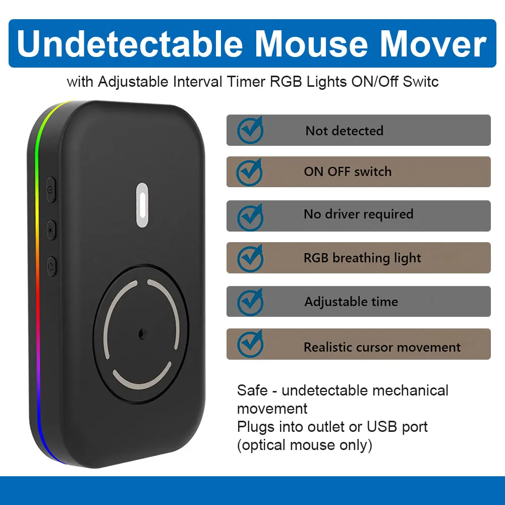 Undetectable Automatic Mouse Wiggler RGB Lights Mouse Moving Device Type-C Port No Software Required/Driver-Free Keeps PC Active