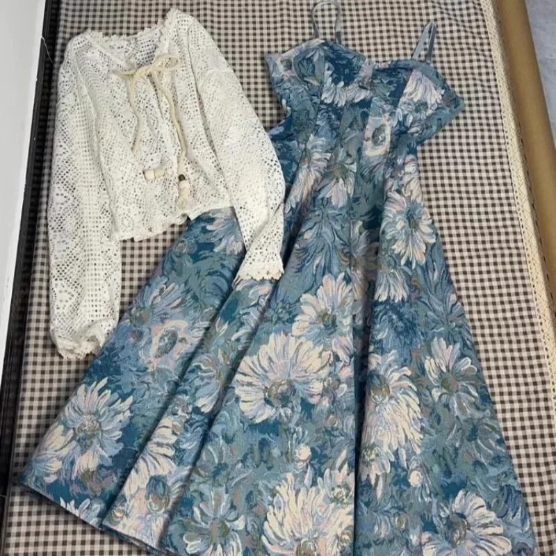 Large French oil painting floral camisole dress+hollowed out cardigan seaside vacation casual girl two-piece set for woman