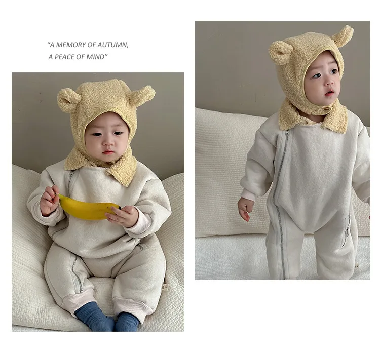 Description Picture 6 of itemWinter Baby Rompers Fur Lining Girls Jumpsuits Turn Down Colalr Boys Warm Outfit With Hat