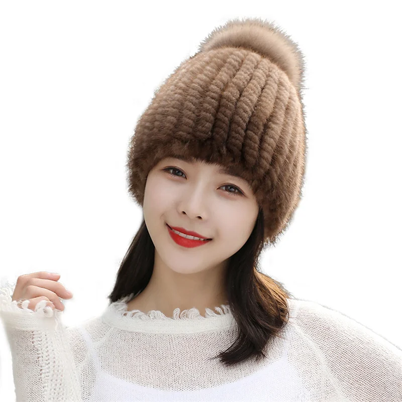 Winter Fur Hat Real Mink Fur Hat For Women Knitted Mink Ear Warm Cap The Spiral Beanies Cap With Fox Pompom On The Top