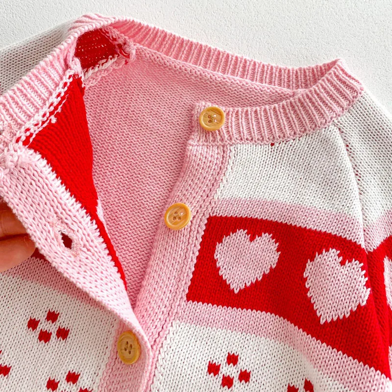 2023 Autumn Newborn Baby Girl Knitwear Clothes 0-3Years Kids Long Sleeve Heart Pattern Sweater Cardigan Knitted Romper Outwear