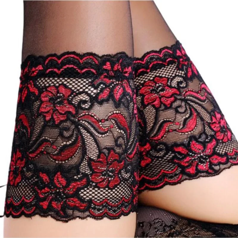 

Sexy women lace top Thigh High Stockings floral Sheer nylons Fishnet Hosiery Ladies Red Black White Hollow Out Mesh Stocking
