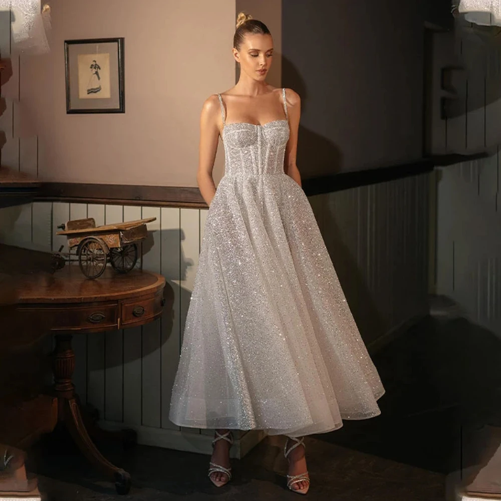 

2023 Shiny Women's Bridal Dresses A-line Sexy Women's Open Back Sweetheart Gorgeous Wedding Gowns with Pockets свадебное платье