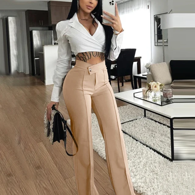 Solid Brown Flare Pants For Women Clothes Y2k Streetwear Sexy Pantalones  High Waist Trousers Belt Design Button Zipper Mujer - Pants & Capris -  AliExpress