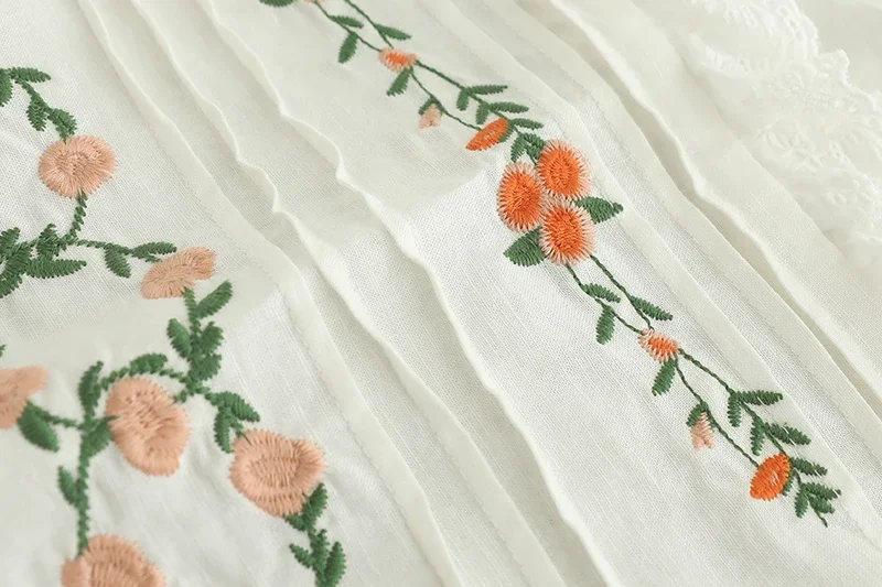 Summer Sweet Mori Girl Ruffles Floral Embroidered Shirts Women O-neck Long Sleeve Casual Loose Cotton Blouse Tops