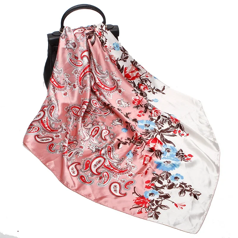 Fashion Kerchief Floral Print Women Scarf For Hair Faux Silk Satin Bag Scarfs 90cm Square Shawl Wraps Pink Neck Scarves Lady