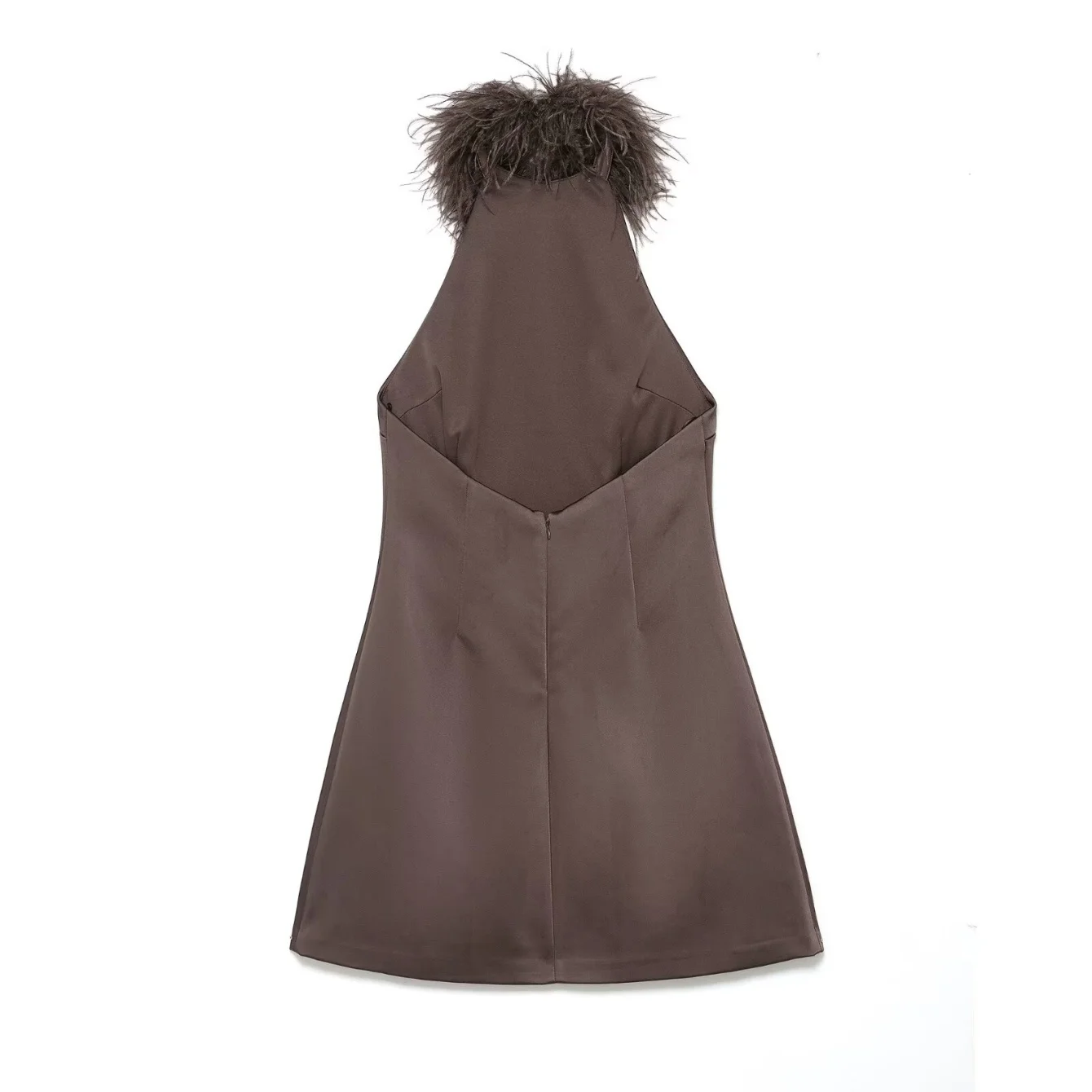 Women Furry Neck Mini Dress Female Coffee Fashion Backless High Street Short Dress Lady Elegant Solid Feather Splice Party Dress