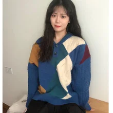 

Plus Velvet Warm Top Autumn and Winter New Style Japanese Retro Stitching Korean Version of Wild Fashion Trend Casual Sweater