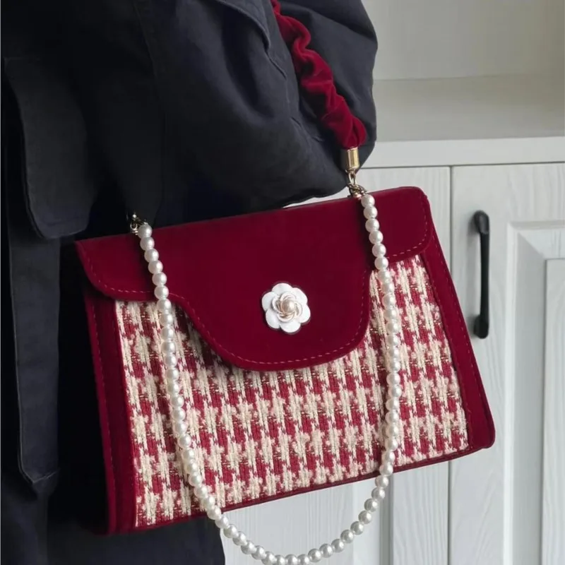 JIAERDI Vintage Red Velvet Handbag Purse Women Wedding Pearl Handle Square Messenger Bag Female Casual Crossbody Bags 2025 New