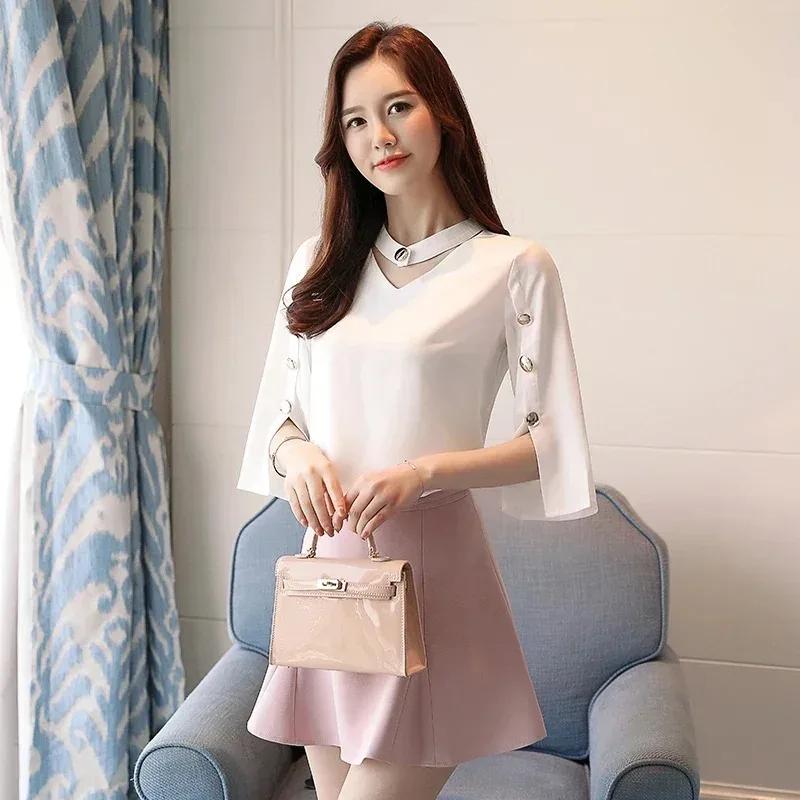 Summer and Autumn Casual Ladies Three-Sleeve White Shirt V-Neck Button Decorative Casual Office Chiffon Blouse 2994 50