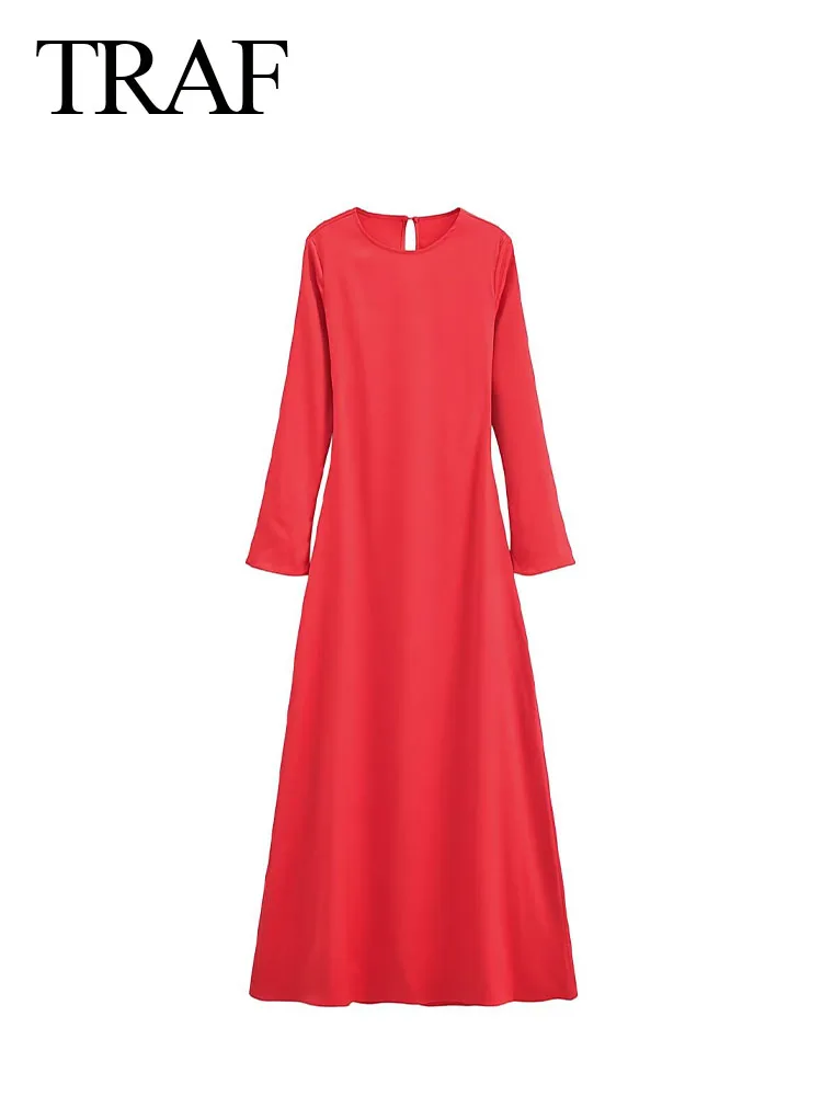 

TRAF Female Fashion Long Dresses Red O-Neck Long Sleeves Hollow Out Lace-Up Zipper Woman's Vintage Spring Elegant Dresses