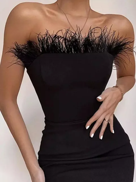 New Summer Sexy Strapless Backless Feather Black Midi Women Bodycon Bandage Dress 2022 Designer Fashion Party Club Dress Vestido 1