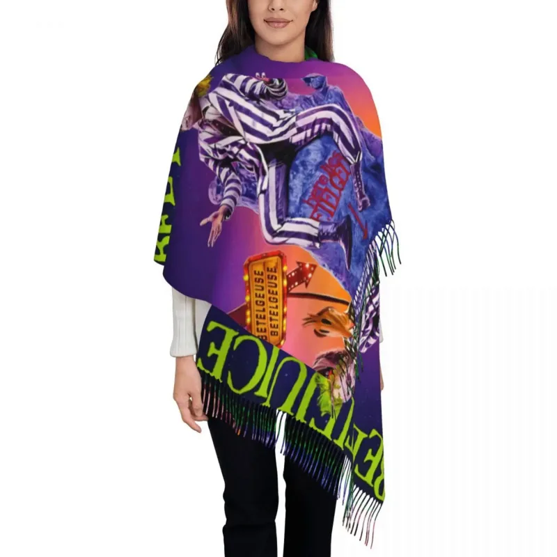 

Horror Movie Beetlejuice Scarf Wrap Women Long Winter Warm Tassel Shawl Unisex Fantasy Tim Burton Scarves