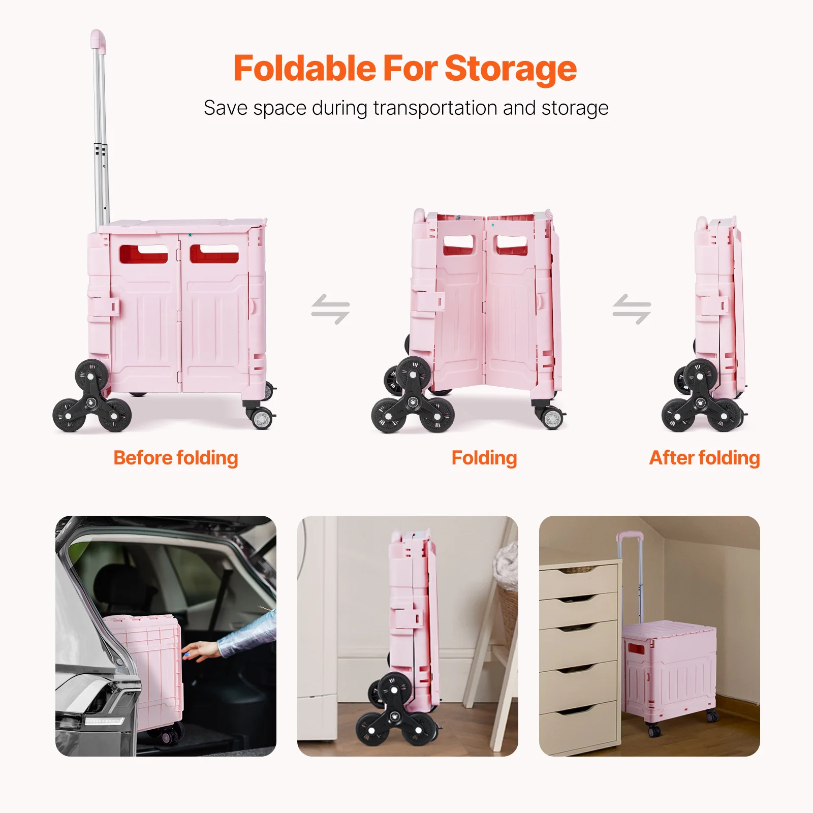 SucceBuy 150lbs Stair Climbing Cart Foldable Utility Hand Cart with Wheels Collapsible Crate Rolling Cart for Shopping Office