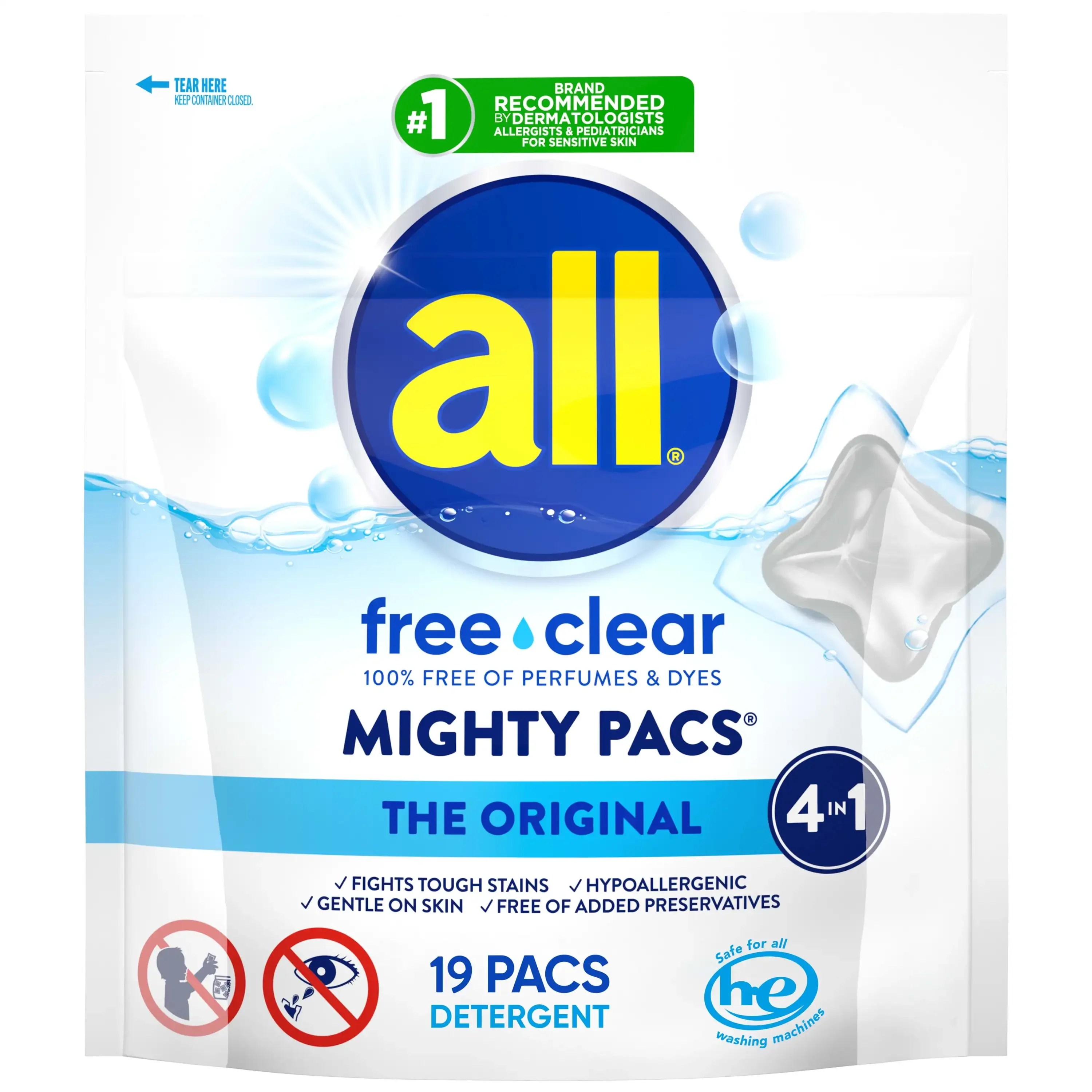 Mighty Pacs Laundry Detergent Pacs Free Clear for Sensitive Skin Unscented and Dye Free 19 Count Hypoallergenic