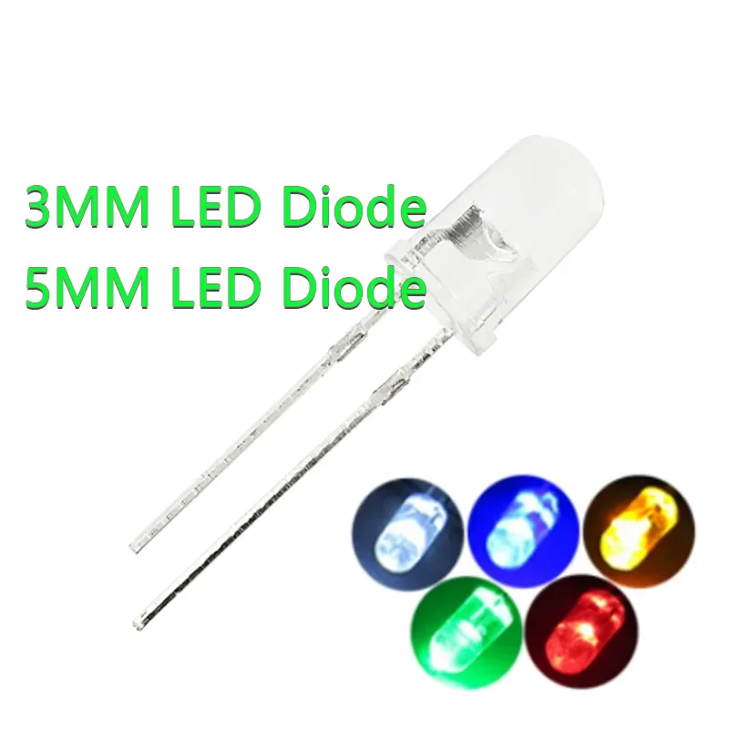 

100pcs Transparent Round 5mm/3mm Super Bright Water Clear Green Red White Yellow Blue Light LED Bulbs Emitting Diode
