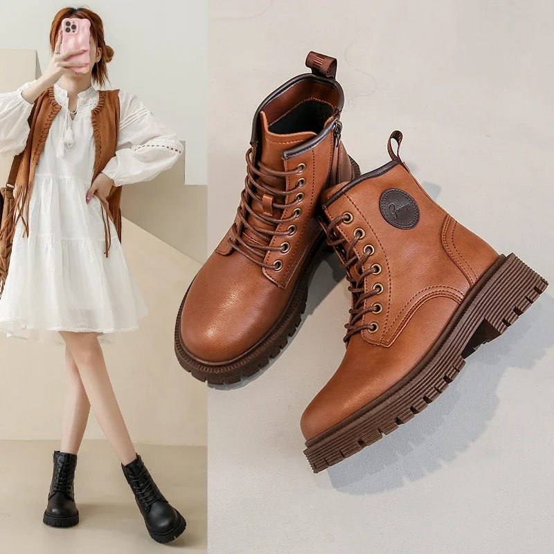 

2023 New Westernized English Style Short Boots Thick Sole Lace Up Leather Boots Versatile Fashion Shoes Martin Boots Women