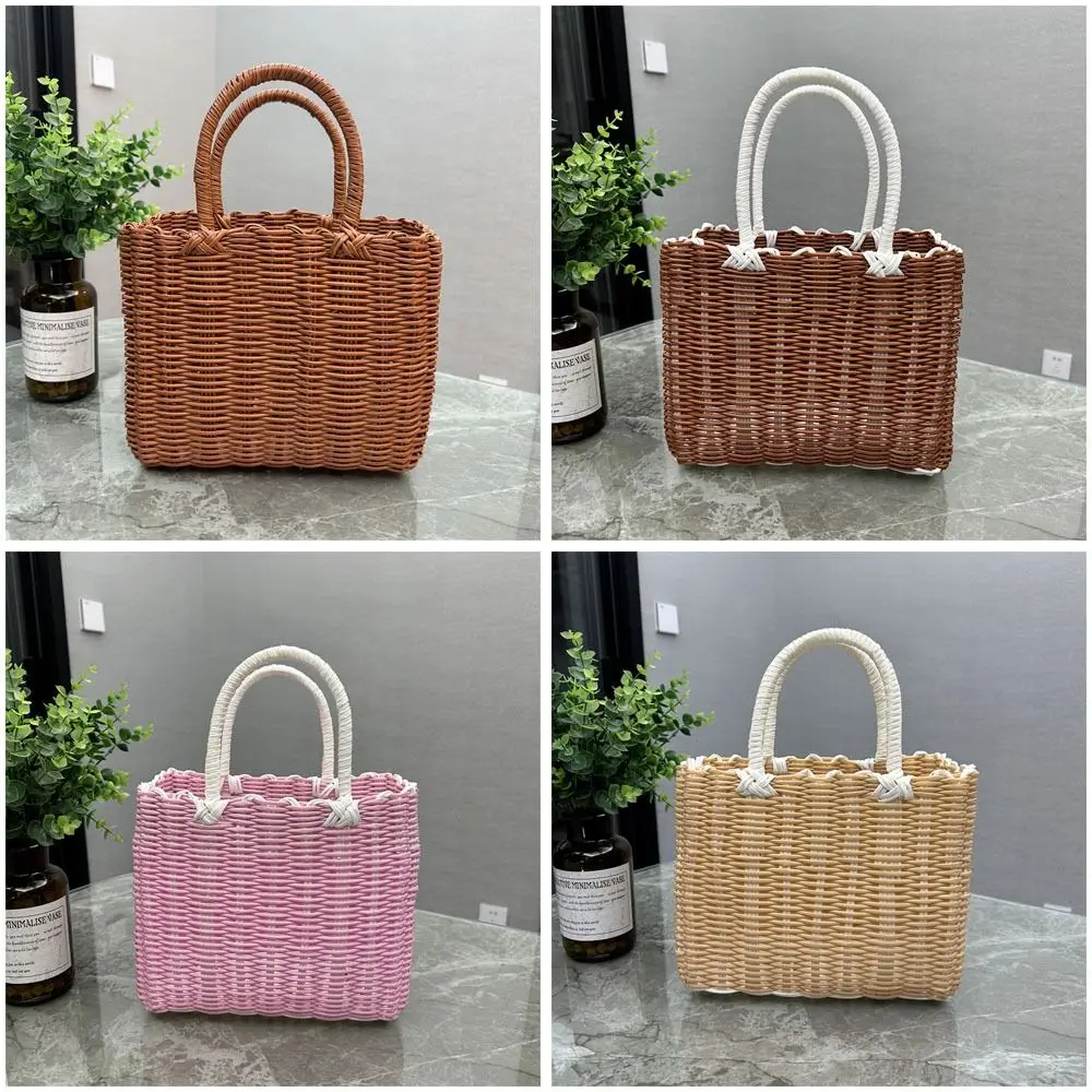 New Imitation Rattan Storage Basket Plastic Square Hanging Baskets with Handle Hand-woven Woven Handbag Flower