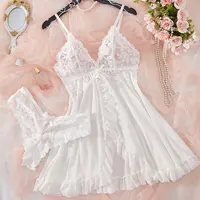 Ensemble de 2 chemises de nuit en dentelle pour femmes, vêtements de maison exquis, nouveaux pyjamas verts pour la nuit, robe de nuit transparente à fente, ensembles soutien-gorge et culotte à col en V 5
