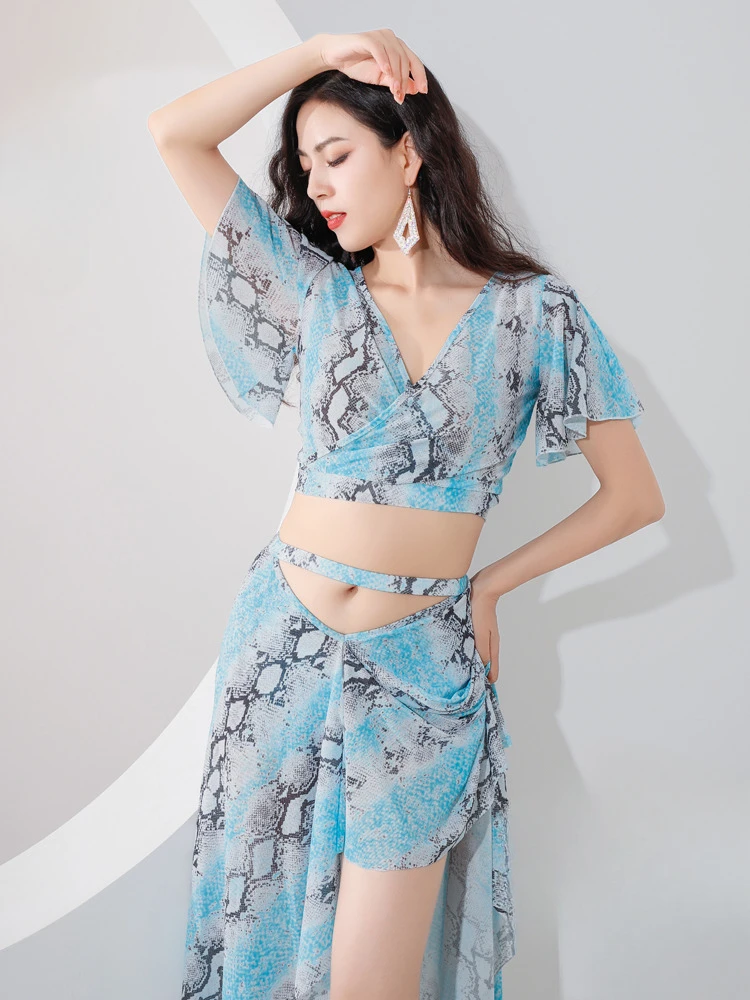 

Belly dance costume 2024 training suit set gauze printed Oriental dance costume group costume