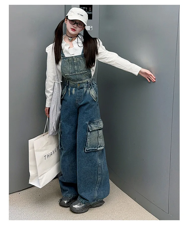 2025 Spring/Autumn Girls Denim Overalls Trendy Detachable Wide-Leg Jeans for Kids Stylish Versatile Casual Two Wear Trousers