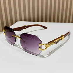 Leopard Design Rimless Polygon Metal Frame Sunglasses (GRAY)