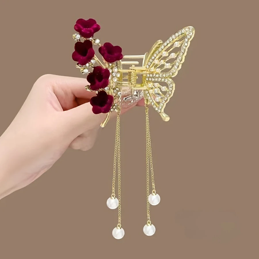 Elegant Red Flower Butterfly Tassel Hairpin Banquet Ceremony Party Women's Dress-Up Hair Accessory Women's Hair Clip