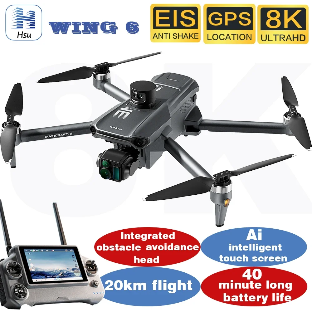 Wing 6 GPS Fotografia aerea Drone da pesca Fotocamera 8K Anti-forte sollevamento del vento Evitare gli ostacoli 360 ° Giocattolo di ritorno con una chiave alta 800 m