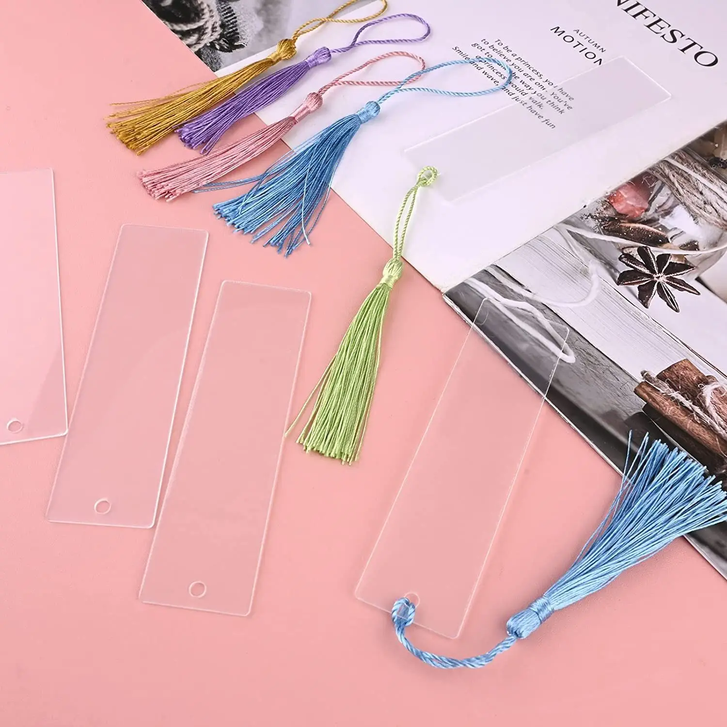 15pcs Blank Acrylic Bookmark DIY Incomplete Rectangular Colored Tassel Hanging Party Outfit Party Dressing Teacher Supplies