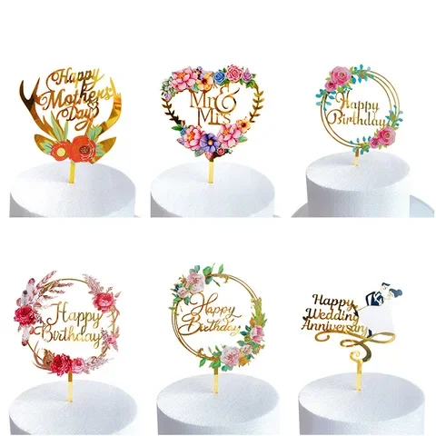 

Color Printing Flowers Cake Topper Acrylic Cake Insert Happy Birthday Party Decoration Wedding Cakes Dessert Decor