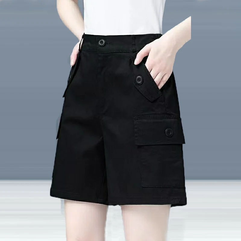 Women Clothes Pockets Buttons Streetwear Straight Cargo Short Pants Summer Fashion Casual Solid Cotton Shorts Pantalones Cortos